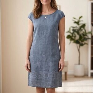 Lina Tomei Made in Italy Blue Linen‎ Embroidered Shift Dress Small S Pockets